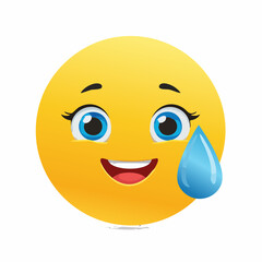 Fototapeta premium Smiling Yellow Face with Teary Eyes and Single Blue Teardrop - Vector Emoticon Illustration