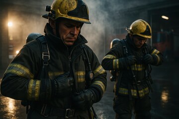 Fototapeta premium Firefighters perform meticulous gear checks at dawn securing zippers harnesses and SCBA for a safe snug fit before a demanding live fire training drill
