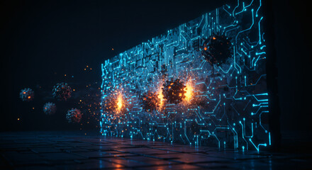 Futuristic cybersecurity concept showing a digital firewall shield protecting a system from virus and malware attacks