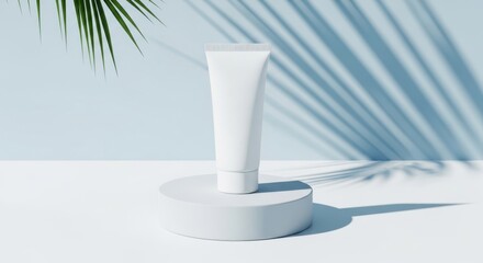 Cosmetic tube on pedestal with palm leaf shadow, product mockup, beauty, skincare, healthcare use cases