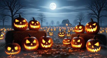 Spooky Halloween Night: Glowing Pumpkins Under Full Moon, Spooky Farm Scene.