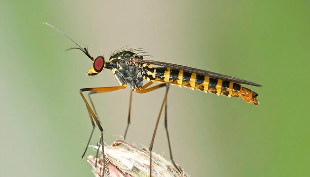 Close-up of a striped fly on a seed head