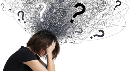 Woman overwhelmed by questions and confusion modern design composition influenced by Woman overwhelmed by