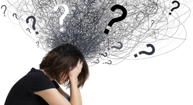 Woman overwhelmed by questions and confusion modern design composition influenced by Woman overwhelmed by