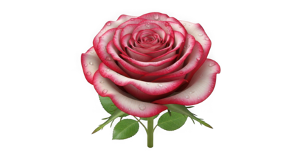 Close-up macro view of a bicolored pink and white rose in full bloom with green leaves showcasing intricate petal details transparent background