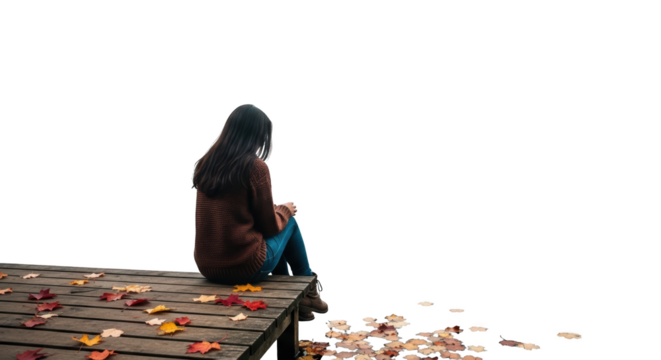 Woman Sitting on Wooden Pier with Autumn Leaves modern design composition influenced by Woman