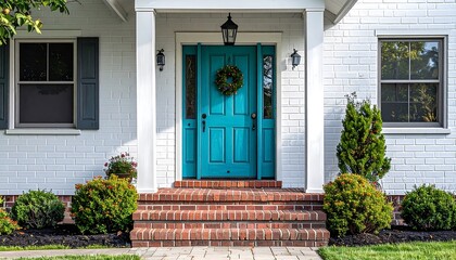 A teal front door with a wreath adorns a white brick house with a brick walkway and landscaping.