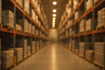 Abstract defocused warehouse aisle background with tall racks pallets and forklifts bokeh industrial logistics scene ideal for text overlays