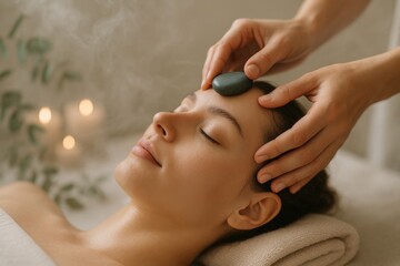 Serene spa ritual with young woman on linen table receiving hot stone facial under soft daylight and eucalyptus steam for calming skincare therapy