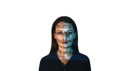 Womans Face with Projected Words Healthy Psychology Mind Wellbeing abstract illustration design inspired by