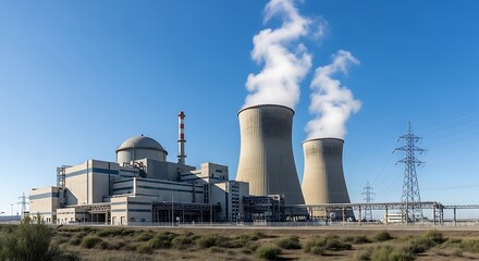 Fototapeta premium Industrial power plant with tall cooling towers emitting steam