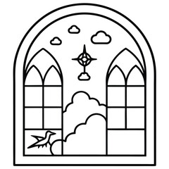 Enchanting fantasy castle window view with intricate gothic arched framing and distant magical landscape