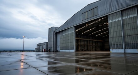 Obraz premium Massive airplane hangar with open doors on a rainy day