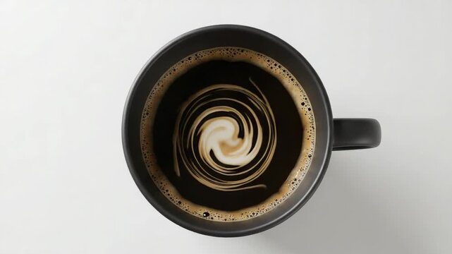 Coffee cup with swirling cream on white surface