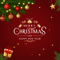 Elegant Merry Christmas Wishes with Ornaments – Festive Holiday Greeting Card Vector with Baubles, Branches, and Decorative Elements