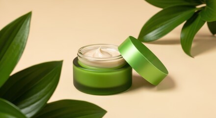 Open jar of cream with green leaves around it for skincare, beauty, and cosmetic product promotion