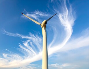 A large wind turbine stands tall against a vibrant blue sky, adorned with wispy, flowing clouds.