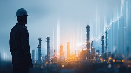 A worker in a hard hat observes an industrial landscape at sunset, showcasing oil rigs and production facilities with a rising graph overlay.