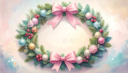 A charming, delicate Christmas wreath, adorned with pastel-colored ornaments, berries, and ribbons, sits against a soft, watercolor backdrop.