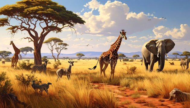 African savanna landscape with animals