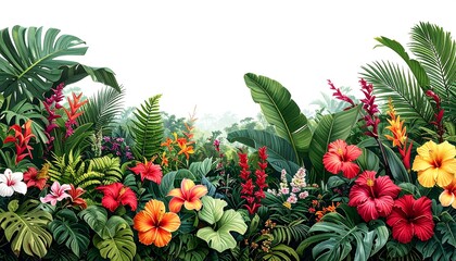Vibrant tropical flowers and lush foliage create a lush, colorful border against a soft white background.
