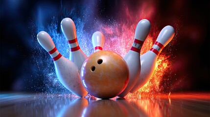 A vibrant bowling scene with a ball striking down pins, surrounded by colorful explosions, showcasing action and excitement in the sport.