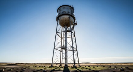 Tall water tower stands against a clear blue sky