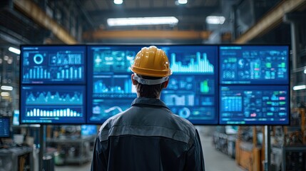 A worker in a hard hat observes digital displays showing data and analytics in a modern industrial environment.