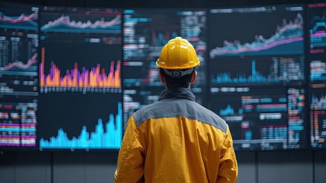 A person in a hard hat analyzes colorful data visualizations on large screens, reflecting insights into performance metrics and trends.
