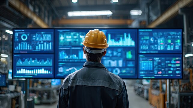 A worker in a hard hat observes digital displays showing data and analytics in a modern industrial environment.