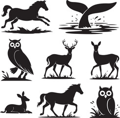 Collection of eight black animal silhouettes with horse deer owl and whale Keywords: animal