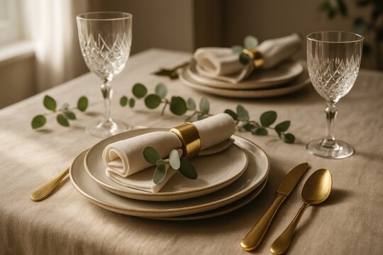 Elegant dinner table setting with linen tablecloth ceramic plates gold flatware crystal glasses and seasonal greenery window light home entertaining - Powered by Adobe