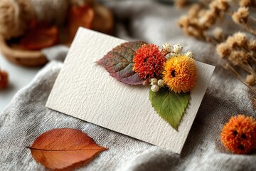 Autumn flat lay with blank paper and leaves on white background, Thanksgiving frame with copy space
