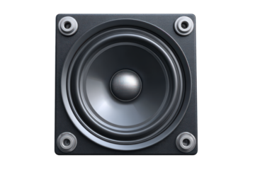 Black speaker with a grey center sits on transparent background
