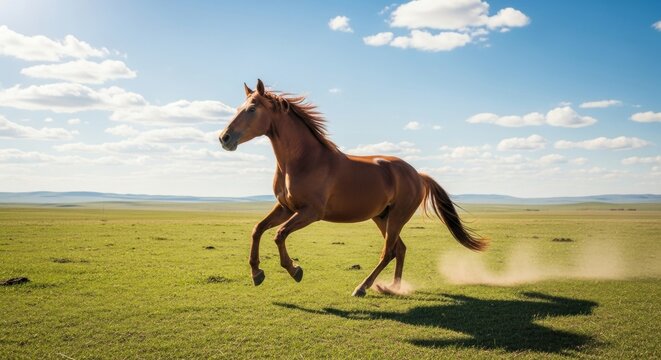 Chestnut Horse Galloping Across Vast Green Steppe Under a Blue Sky - Powered by Adobe