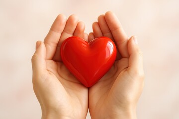 Fototapeta premium Female hands cupping bright red heart symbol on soft pastel background celebrating health donation kindness and family care with warm uplifting light