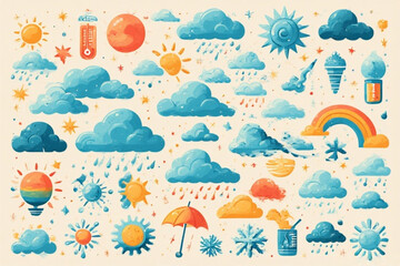 Cheerful illustration of various weather elements, including sun, clouds, rain, snow, and rainbows, presented in a vibrant, playful style.