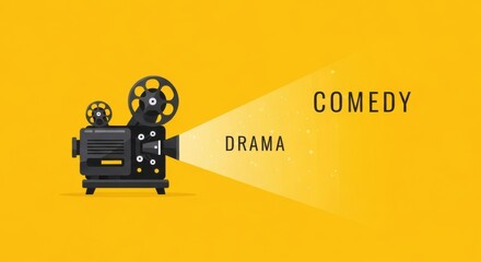 Vintage film projector with drama and comedy genres for entertainment industry, movie production, and cinematic arts