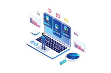 Modern Isometric Online survey concept with characters. illustration isolated on white background, Can use for web banner, infographics, . Suitable for Diagrams, Graphic Related Asset
