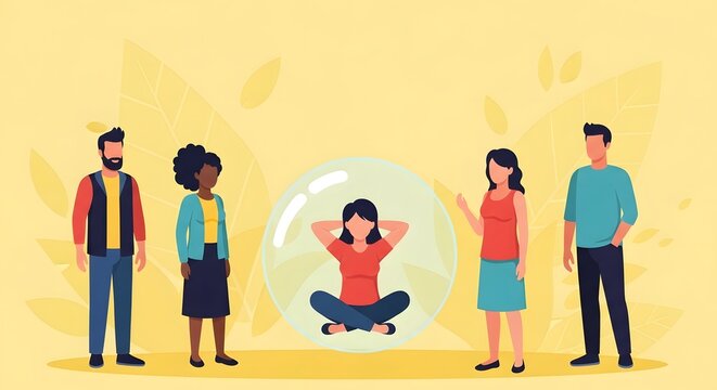 Concept of social distancing, personal space, and isolation. A woman meditating inside a protective bubble, surrounded by people standing at a distance, illustrating boundaries and self-care