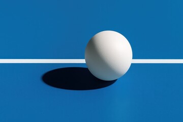 Minimalist sports still life with a single white ping pong ball on a blue table tennis surface casting a crisp shadow under studio light