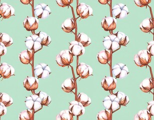 Watercolor cotton plant pattern on a mint green background