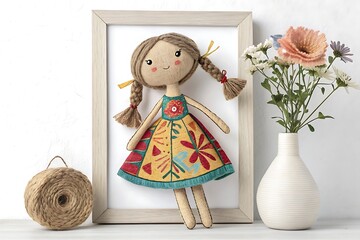 Handmade fabric doll in a picture frame with flowers and twine