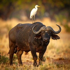 Obraz premium Buffalo and egret in savanna