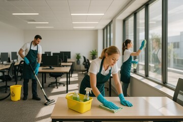 Professional cleaning team in modern office performing deep sanitizing with sparkling results reliable commercial janitorial services concept with supplies equipment and copy space