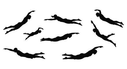 divers in various swimming poses captured in silhouette form