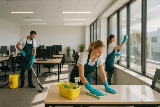 Professional cleaning team in modern office performing deep sanitizing with sparkling results reliable commercial janitorial services concept with supplies equipment and copy space
