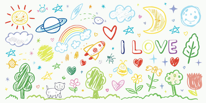 Whimsical childrens drawing collection featuring space nature animals and the words i love - Powered by Adobe