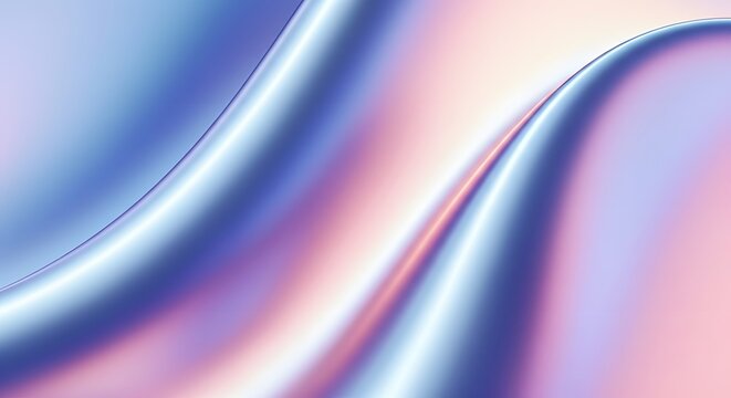 Abstract background with large smooth pearlescent waves. A calm and elegant design for wellness or cosmetic branding. Gentle blue, purple, and peach colored metallic forms.