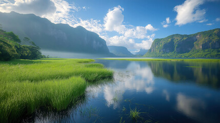 Landscape Reflection Natural Scenery Wallpaper, Blue Sky White Clouds Green Mountains and Lake